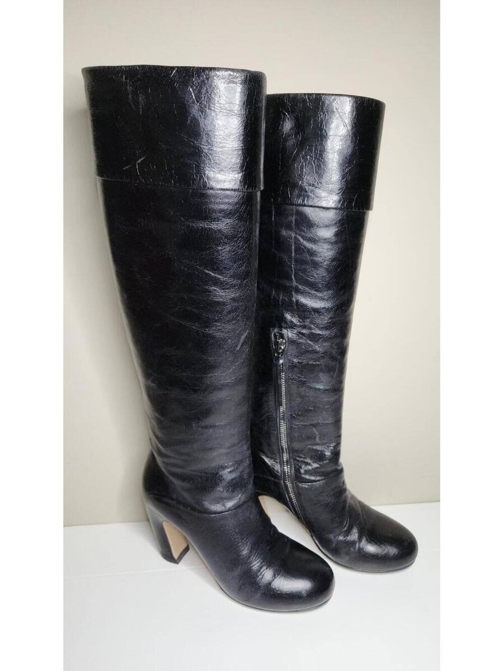 Miu Miu Black Leather Knee High Boots Side Zip 34.5